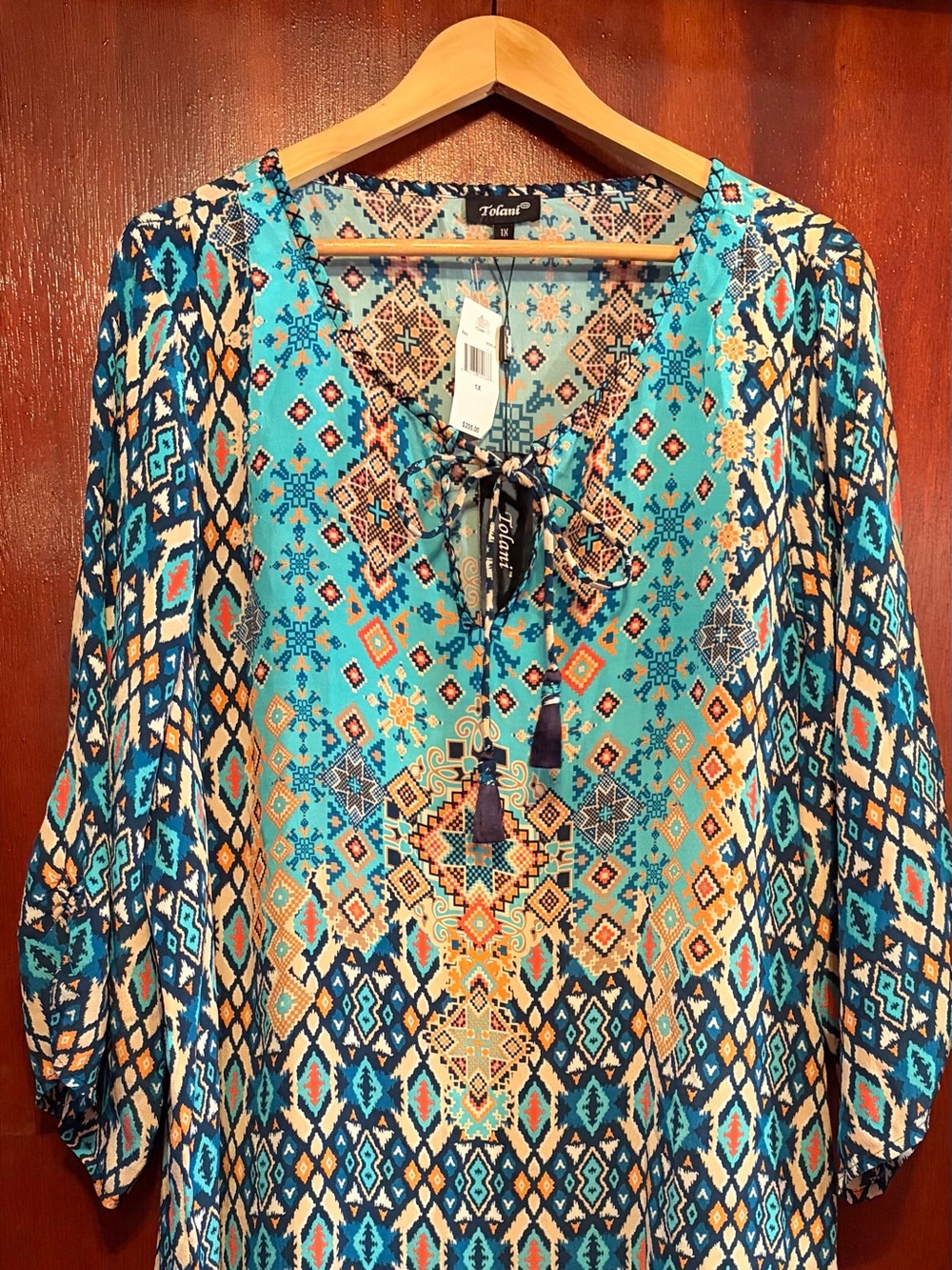 Tolani Turquoise Multi-Color Geometric Tie-Front Tunic